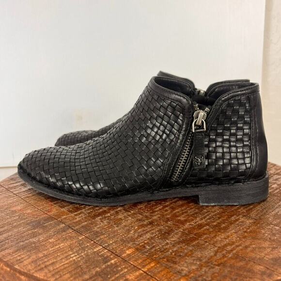 Trask Boots Womens Size 8 M Black Woven Leather Booties Double Zip Low Heel - Picture 3 of 12